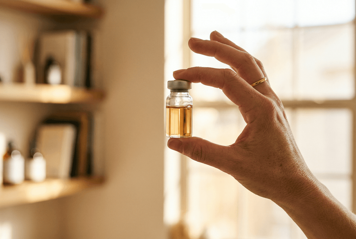 Hand holding a peptide vial up to warm light